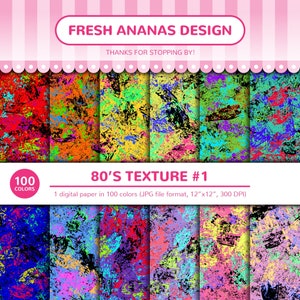 Carta digitale a 100 colori: Texture anni '80 n. 1, anni '90, Retro, Neon, Vernice, Schizzi, Grunge, Arcobaleno, JPG, Scrapbooking, Carta digitale