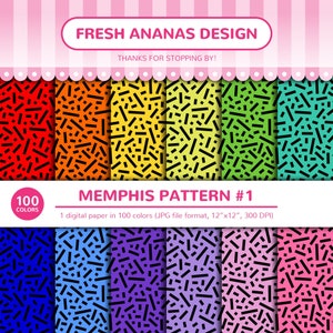 Puede incluir: Un paquete de papel digital con 100 colores que presenta un patrón Memphis con líneas negras sobre un fondo degradado. Los colores incluyen rojo, naranja, amarillo, verde, azul, morado y rosa. El texto "FRESH ANANAS DESIGN" y "MEMPHIS PATTERN #1" está incluido en la imagen.