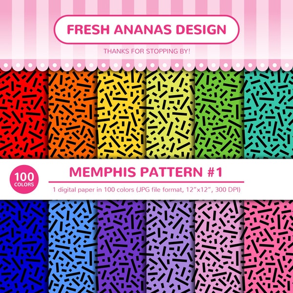 100 Colors Digital Papers: Memphis Pattern #1, Abstract, Black, 80', 90', Dash, Dot, Rainbow, Printable, JPG, Scrapbooking, Digital Paper