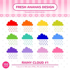 Clipart 100 couleurs : nuage pluvieux, clipart nuages, clipart météo, clipart jours de pluie, autocollants imprimables, nuages SVG, clipart agenda, SVG