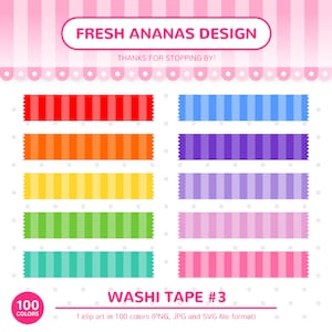 Clip Art com 100 Cores: Fita Washi nº 3, Fita Washi Listrada, Listras, Fita Washi, Arco-íris, Clipart, Clipart de Planejador, Adesivos para Imprimir, SVG