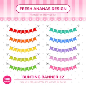 100 Colors Clip Art: Bunting Banner #2, Bunting Clipart, Banner Clip Art, Birthday Clipart, Banner, Bunting, Rainbow Clipart, 100 color, SVG