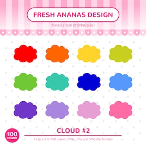 Clipart 100 couleurs : nuage #2, Clipart nuages, clipart météo, nuages duveteux, autocollants imprimables, nuages SVG, clipart planificateur, vecteur, SVG
