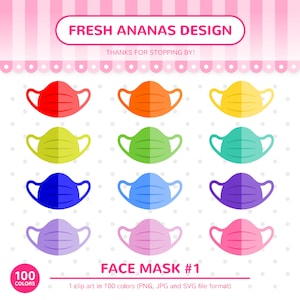 May include: A set of 10 face masks in various colours, including red, orange, yellow, green, blue, purple, and pink. The masks are all the same design, with a simple, flat style and a pleated front. The text "FACE MASK #1" is at the bottom of the image, along with the text "1 clip art in 100 colours (PNG, JPG and SVG file format)".