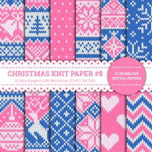 Weihnachten Strickpapier #8, Pullover, Winter, Stern, Rentier, Schneeflocke, Glocken, Baum, Muster, digitale Papiere, rosa, blau, nahtlos, printable