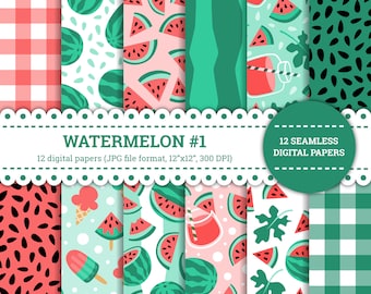 Watermelon Digital Paper, Watermelon Background, Watermelon Seamless, Fruit, Summer, Gingham, Pink, Red, Green