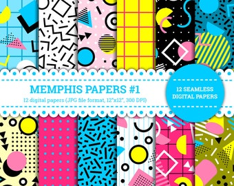 Memphis Papers #1, 80&#39;, 90&#39;, Abstract, Retro, Triangle, Circle, Pink, Blue, Yellow, Pattern, Digital Papers, Black, Seamless, Printable