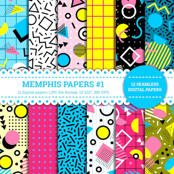 Memphis Papers #1, 80', 90', Abstract, Retro, Triangle, Circle, Pink, Blue, Yellow, Pattern, Digital Papers, Black, Seamless, Printable