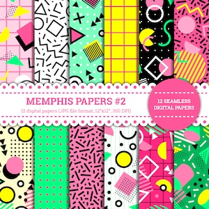 May include: Twelve digital papers in a Memphis style featuring geometric shapes, lines, and polka dots in pink, yellow, green, and black. The papers are 12 inches by 12 inches and 300 DPI.