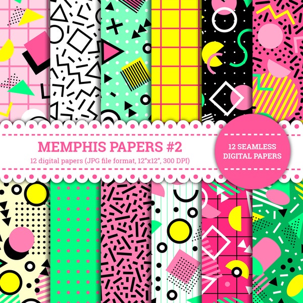Memphis Papers #2, 80', 90', Abstract, Retro, Triangle, Circle, Pink, Green, Yellow, Pattern, Digital Papers, Black, Seamless, Printable