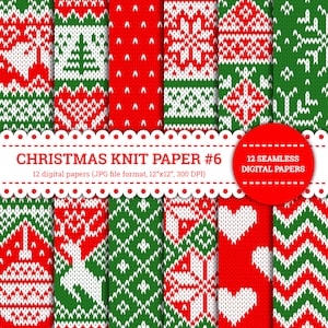 Weihnachten Strickpapier #6, Pullover, Winter, Stern, Rentier, Schneeflocke, Glocken, Baum, Muster, digitale Papiere, rot, grün, nahtlos, druckbar