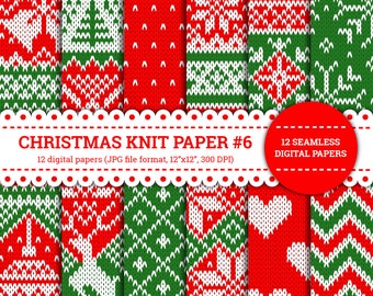 Christmas Knit Paper #6, Sweater, Winter, Star, Reindeer, Snowflake, Bells, Tree, Pattern, Digital Papers, Red, Green, Seamless, Printable