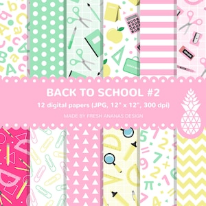 Pacote de papéis de volta às aulas, plano de fundo escolar, material escolar, professor, sala de aula, escola, padrão, papéis digitais, rosa, menta, para impressão