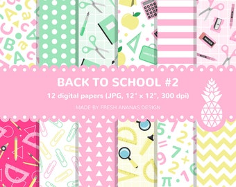 Back To School Paper Pack, School Background, School Supplies, Teacher, Classroom, School, Pattern, Digital Papers, Pink, Mint, Printable