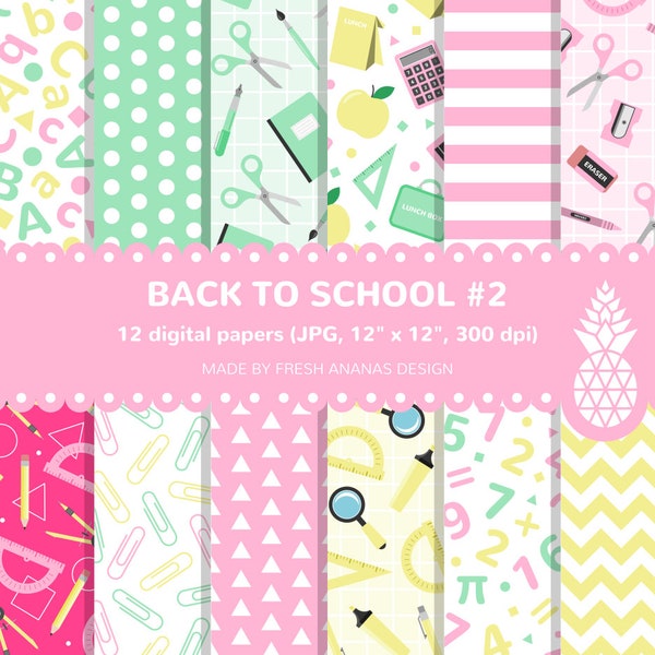 Back To School Paper Pack, School Background, School Supplies, Teacher, Classroom, School, Pattern, Digital Papers, Pink, Mint, Printable