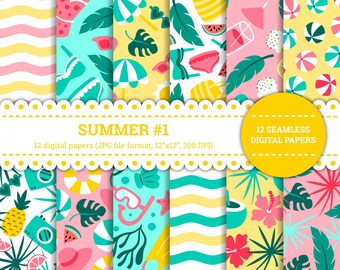Papel digital de verano, fondo de verano, verano sin costuras, patrón de verano, tropical, vacaciones, mar, verano, playa, azul, amarillo, rosa