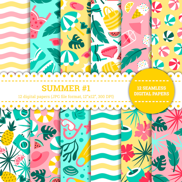 Summer Digital Paper, Summer Background, Summer Seamless, Summer Pattern, Tropical, Vacation, Sea, Summertime, Beach, Blue, Yellow, Pink