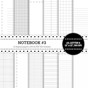 Notebook #3, Paper, Lined, Graph, Squared, Dotted, Grid, 12&#39;&#39; x 12 &#39;&#39;, A4, Letter, Good Notes, Digital Papers, Classic, JPG, PDF