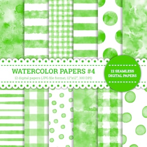 Watercolor Papers #4, Circle, Stripes, Polka Dots, Gingham, Texture, Lined, Checked, Pattern, Digital Papers, Green, Seamless, Printable
