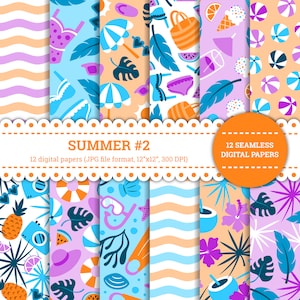 Papel digital de verano, fondo de verano, verano sin costuras, patrón de verano, tropical, vacaciones, mar, verano, playa, azul, naranja, morado