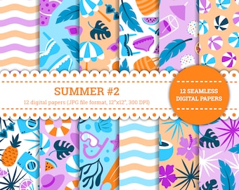 Papel digital de verano, fondo de verano, verano sin costuras, patrón de verano, tropical, vacaciones, mar, verano, playa, azul, naranja, morado