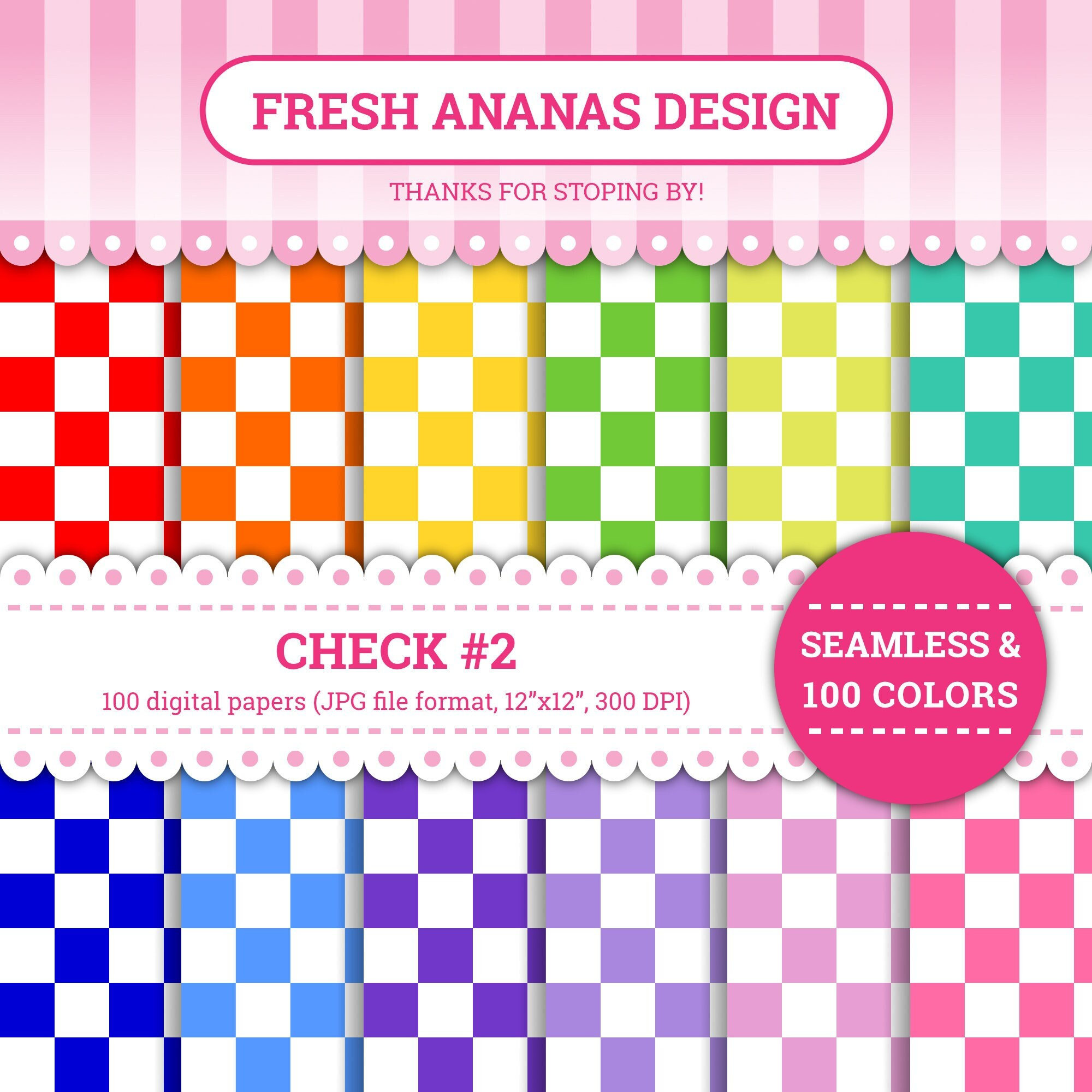 100 Colors Digital Papers: Check #2, Checker, Checkboard, Square Tiling, Checkers, Chess, Seamless, Background, Instant Download, JPG