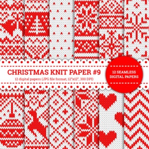 Christmas Knit Paper #9, Pullover, Winter, Stern, Rentier, Schneeflocke, Glöckchen, Baum, Muster, digitale Papiere, rot und weiß, nahtlos