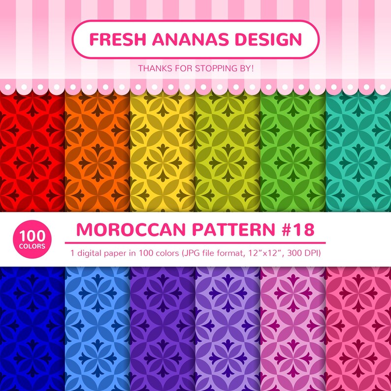 Digital Paper Islamic Tile Printable JPG Rainbow Geometric Scrapbooking Arabic 100 Colors Digital Papers: Moroccan Pattern #18