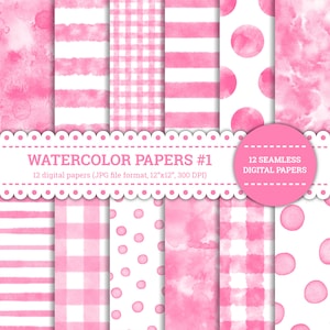 Watercolor Papers #1, Circle, Stripes, Polka Dots, Gingham, Texture, Lined, Checked, Pattern, Digital Papers, Pink, Seamless, Printable