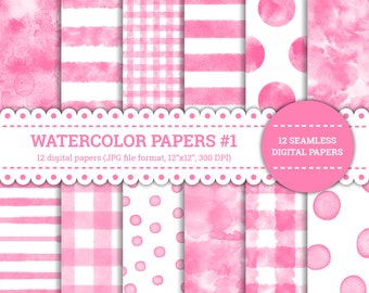 Papeles de acuarela n.° 1, Círculo, Rayas, Lunares, Cuadros, Textura, Rayado, Cuadros, Estampado, Papeles digitales, Rosa, Sin costuras, Imprimible