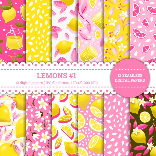 Lemons #1, Lemonade, Citrus, Flower, Fruit, Summer, Refreshment, Pink, Yellow, Pattern, Digital Papers, Seamless, Printable