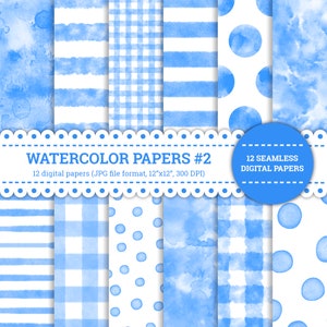 Watercolor Papers #2, Circle, Stripes, Polka Dots, Gingham, Texture, Lined, Checked, Pattern, Digital Papers, Blue, Seamless, Printable
