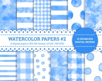Aquarelpapier #2, cirkel, strepen, stippen, pastel, textuur, gevoerd, geruit, patroon, digitaal papier, blauw, naadloos, afdrukbaar