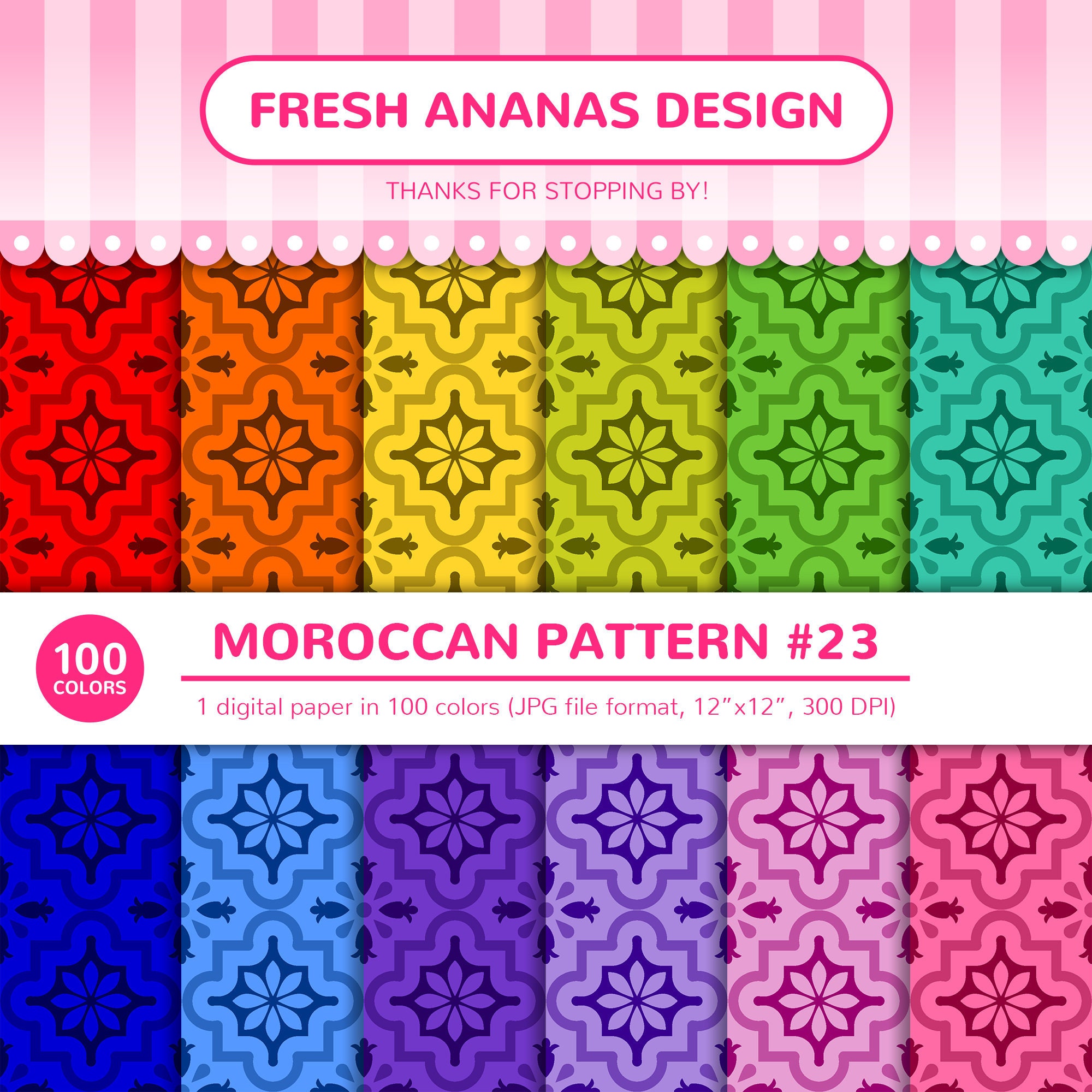 Digital Paper Islamic Tile Printable JPG Rainbow Geometric Scrapbooking Arabic 100 Colors Digital Papers: Moroccan Pattern #18