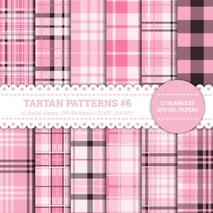 May include: A collection of twelve seamless digital papers featuring pink tartan patterns. The designs include various shades of pink and black, with a mix of plaid and check styles. Each paper is 12"x12" and in JPG format.