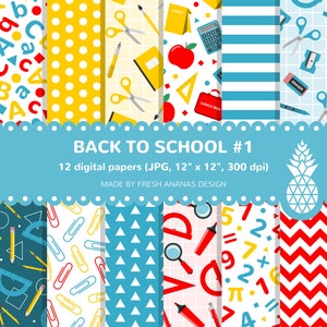 Back To School Paper Pack, School Background, School Supplies, Teacher, Classroom, School, Pattern, Digital Papers, Blue, Red, Printable