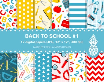 Back To School Paper Pack, School Background, School Supplies, Teacher, Classroom, School, Pattern, Digital Papers, Blue, Red, Printable