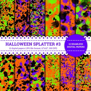 May include: Twelve digital papers with a Halloween theme. The papers feature a seamless pattern of black, green, purple, and orange paint splatters on a white background.  HALLOWEEN SPLATTER #3 12 SEAMLESS DIGITAL PAPERS