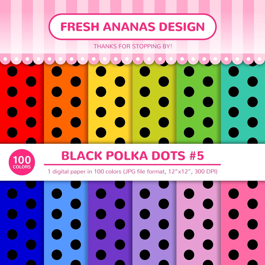 100 Colors Digital Papers: Black Polka Dots #5, Polka Dot Paper, Big ...