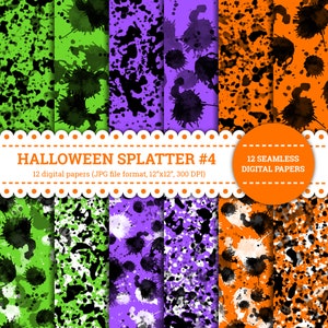 Halloween splatter #4, plons, markeringen, vlek, paars, violet, groen, oranje, zwart, verf, patroon, digitaal papier, naadloos, afdrukbaar