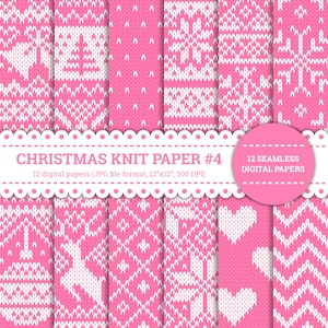 Weihnachten Strickpapier #4, Pullover, Winter, Stern, Rentier, Schneeflocke, Glocken, Baum, Muster, digitale Papiere, rosa, nahtlos, printable