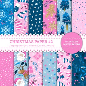 Weihnachtspapier #2, Bonbon, Winter, Weihnachtsmann, Rentier, Schneeflocke, Lebkuchenmann, Baum, Muster, digitale Papiere, rosa blau, nahtlos
