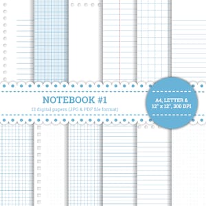 Quaderno n. 1, carta, a righe, a quadretti, a punti, a griglia, 12'' x 12'', A4, lettera, buoni appunti, carta digitale, blu e bianco, JPG, PDF