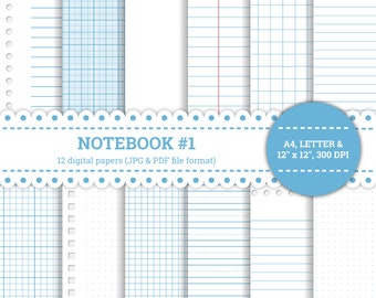 Notebook #1, Paper, Lined, Graph, Squared, Dotted, Grid, 12'' x 12 '', A4, Letter, Good Notes, Digital Papers, Blue and White, JPG, PDF