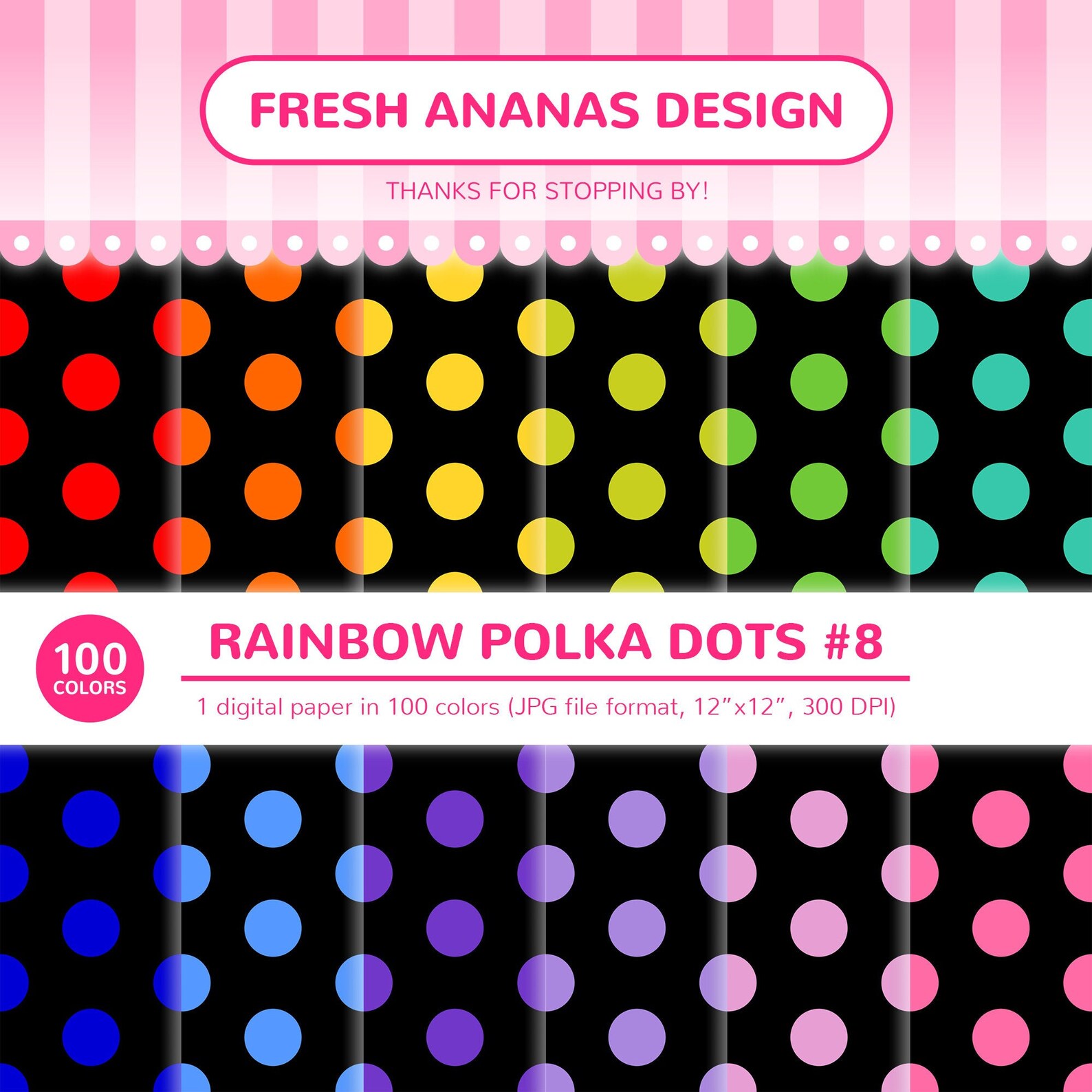 100 Colors Digital Papers: Rainbow Polka Dots #8, Polka Dot Paper, Big ...
