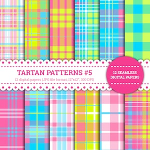 Puede incluir: Doce papeles digitales con patrones de tartán sin costuras en varios colores, incluidos rosa, azul, amarillo y verde. Cada patrón mide 30,5 cm por 30,5 cm y 300 DPI.