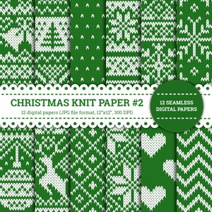 Weihnachten Strickpapier #2, Pullover, Winter, Stern, Rentier, Schneeflocke, Glocken, Baum, Muster, digitale Papiere, grün, nahtlos, printable