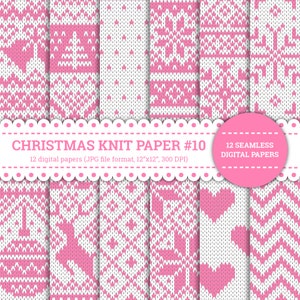 Christmas Knit Paper #10, Pullover, Winter, Stern, Rentier, Schneeflocke, Glöckchen, Baum, Muster, digitale Papiere, rosa und weiß, nahtlos