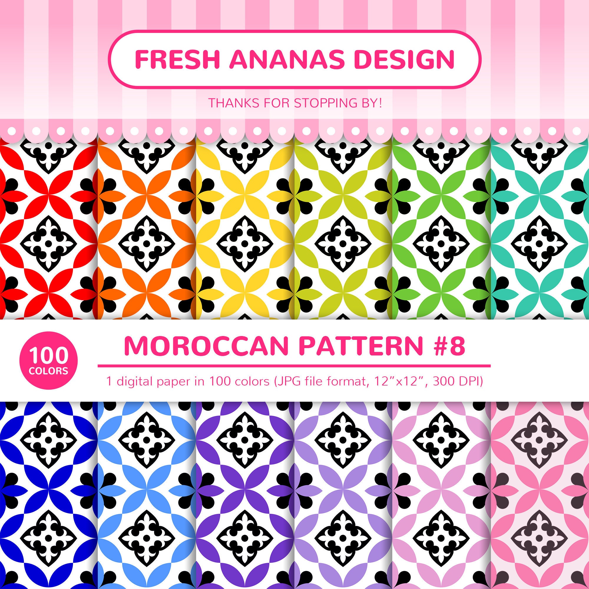 Digital Paper Islamic Tile Printable JPG Rainbow Geometric Scrapbooking Arabic 100 Colors Digital Papers: Moroccan Pattern #18