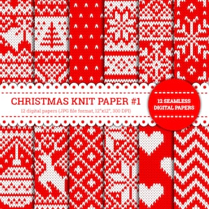 Weihnachten Strickpapier #1, Pullover, Winter, Stern, Rentier, Schneeflocke, Glocken, Baum, Muster, digitale Papiere, rot, nahtlos, druckbar